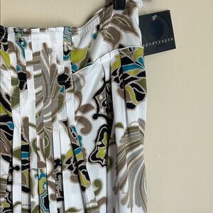 Apostrophe White Floral Pleated Knee Length Dress with Teal & Olive Accents